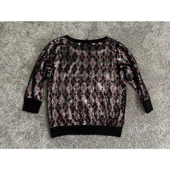 EXPRESS Black Red Silver Sequin Pullover Sweatshirt Top 3/4” Sleeve Size Large - Picture 2 of 10